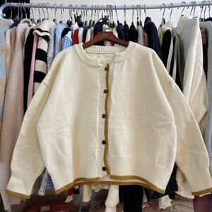 Cozy Cream Cardigan Mustard Contrast Trim